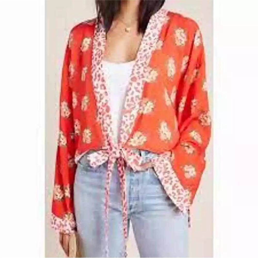 Anthropologie x Farm Rio Red Coral Floral Kimono Style Top SZ OSFA